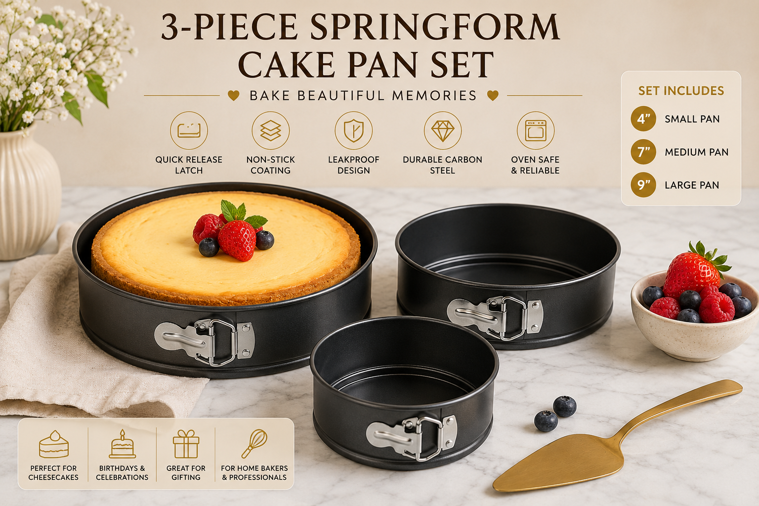 Premium 3-Piece Springform Cake Pan Set