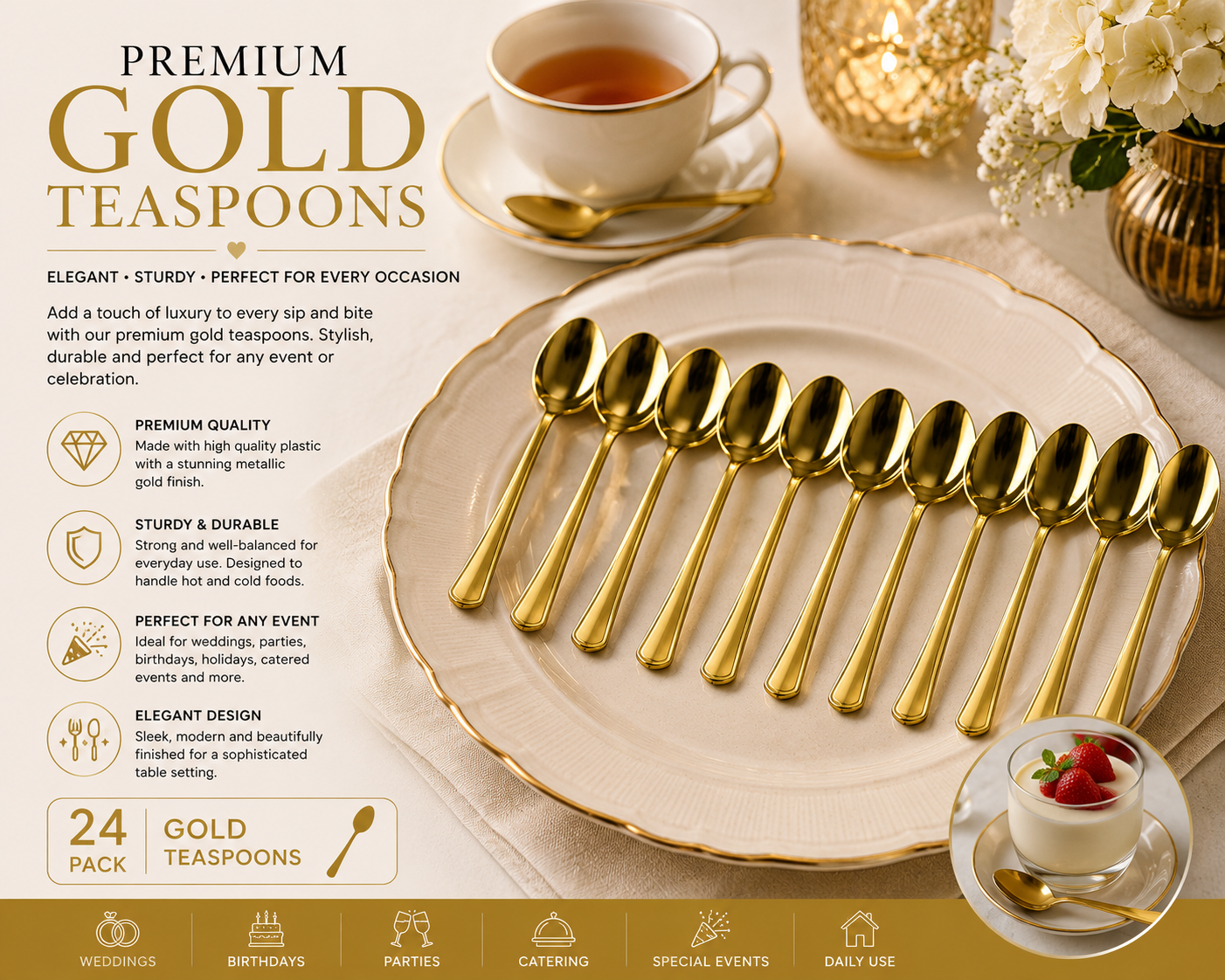 Premium Gold Disposable Teaspoons 24pc