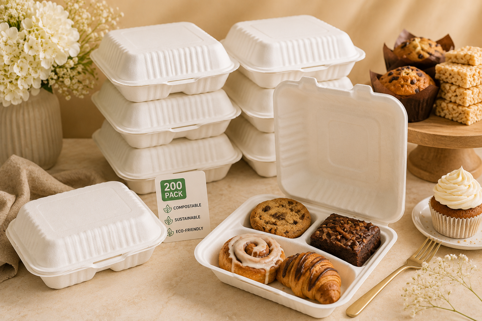 Premium Compostable Bagasse Clamshell Food Containers